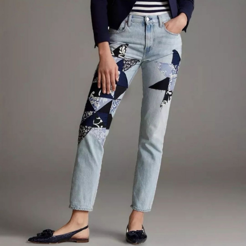 Polo by Ralph Lauren Light Wash Patchwork Boyfriend Jeans - Navy & White